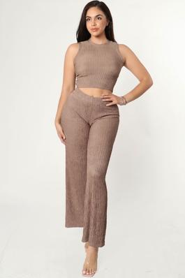 PLEATED TEXTURE SLEEVELESS TOP AND PANT SET