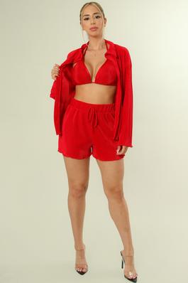 PLEATED TEXTURE BRA JACKET AND SHORT 3PC SETS