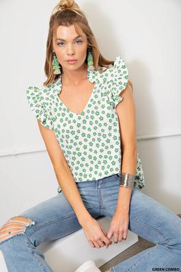 BUBBLE POLY CREPE PRINTED RUFFLE NECK TOP