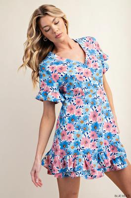 CHARMING FLOWER PRINTED V NECK BUTTON DOWN RUFFLE SLEEVES DRESS