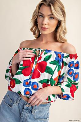 STYLISH FLORAL PRINT ELASTIC BUBBLE SLEEVES TOP