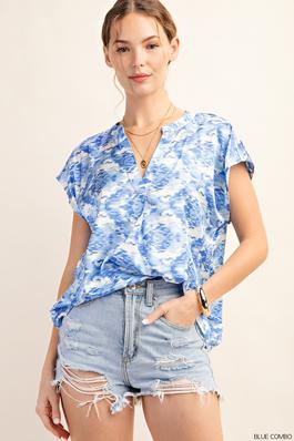CHIC SATIN EFFECT PRINTED FABRIC V NECK TOP