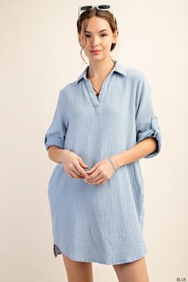 COTTON BUTTON TAP MINERAL WASHED SHIRT DRESS