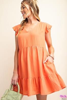 PLUS SOLID LINEN EFFECT V NECK TIERED RUFFLE DRESS