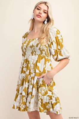 SMOCKED BACK AND FRONT FLORAL BUBBLE SLEEVES DRESS