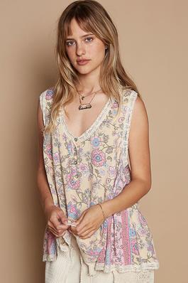 Round neck sleeveless printed floral woven top