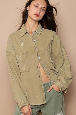 Front pocket distressed button down twill shacket