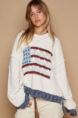 V-neck long sleeve American flag solid sweater