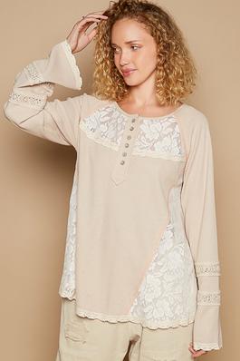Round neck long sleeve lace trim thermal top