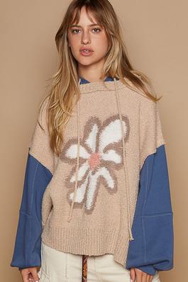 Oversize balloon sleeve front flower solid sweater