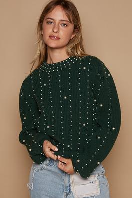 Round high neck balloon sleeve pearl solid sweater