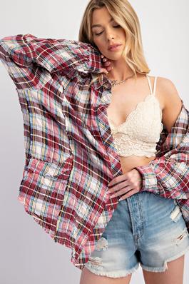 PLUS SIZE-CRINKLED PLAID BUTTON DOWN SOFT WASHED SHIRT JACKET