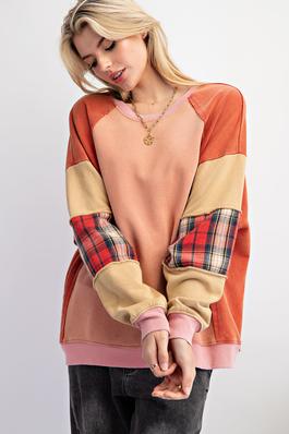 PLUS SIZE-COLOR BLOCK TERRY KNIT PULLOVER