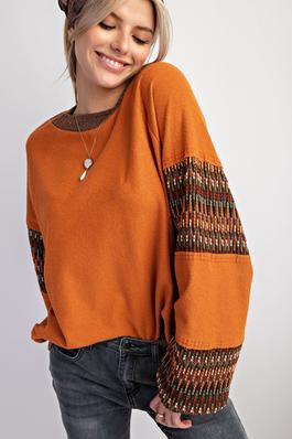 ETHNIC TRIM FEATURED TERRY KNIT PULLOVER