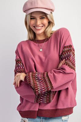PLUS SIZE-ETHNIC TRIM FEATURED TERRY KNIT PULLOVER