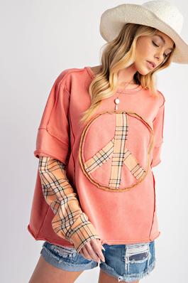 PLAID MIX LAYERED TERRY KNIT WASHED PULLOVER
