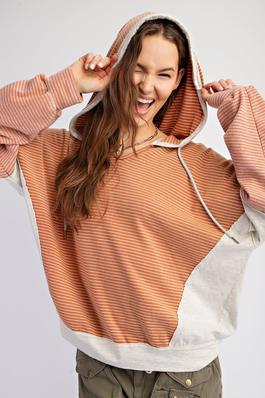 STRIPE MIX WASHED COTTON KNIT HOODIE PULLOVER