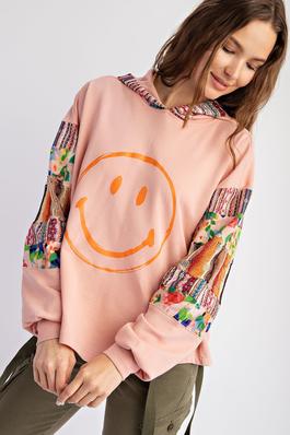 PRINT MIX SMILEY FACE TERRY KNIT HOODIE PULLOVER