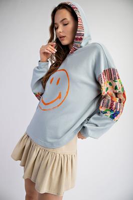 PLUS SIZE-PRINT MIX SMILEY FACE TERRY KNIT HOODIE PULLOVER