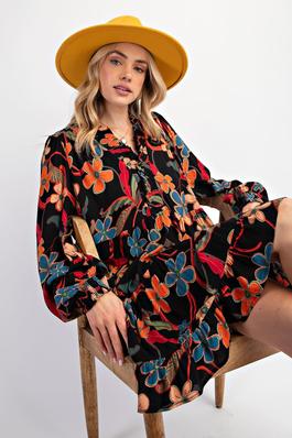 FLORAL PRINTED RAYON GAUZE TIERED DRESS