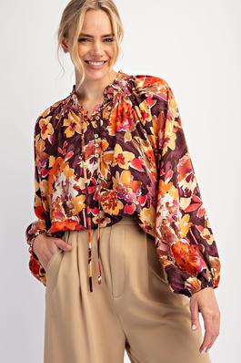 FLORAL PRINTED MIRABELLE SATIN BLOUSE