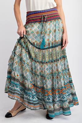 PLUS SIZE-ETHNIC PRINTED TIERED SKIRT