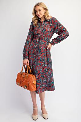 PLUS SIZE-FLORAL PRINTED SHIRT DRESS WITH SPAGETTI BELT