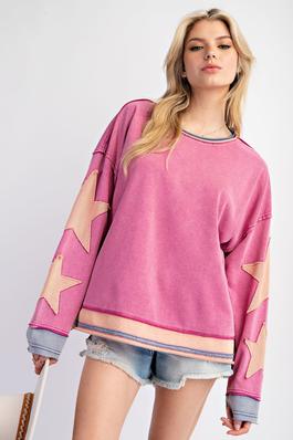 PLUS SIZE-STAR PATCH MINERAL WASHED KNIT PULLOVER