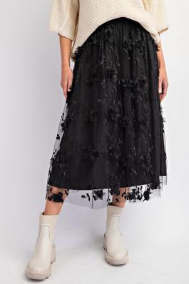 FLORAL EMBROIDERY MESH MIDI SKIRT