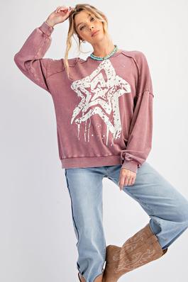 STAR PRINT WASHED TERRY KNIT PULLOVER