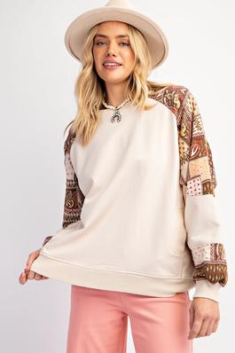 PLUS SIZE-PRINT MIX MINERAL WASHED TERRY KNIT PULLOVER