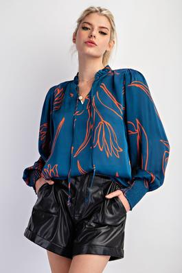 PLUS SIZE-PRINTED CRINKLED SATIN BLOUSE