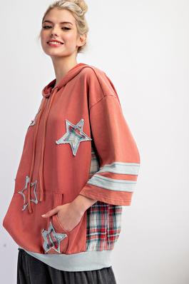 PLUS SIZE-STAR PATCH MINERAL WASHED HOODIE PULLOVER