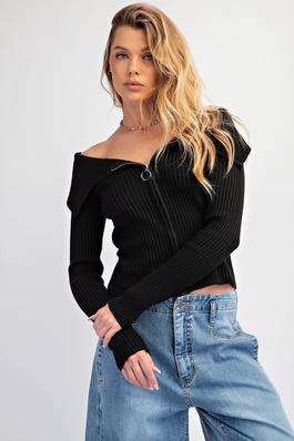 ZIP UP FRONT KNIT SWEATER TOP
