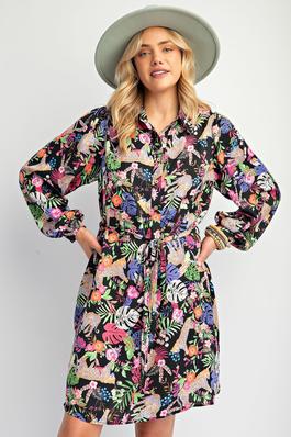 PRINTED MIRABELLE SATIN TIE WAISTED WOVEN DRESS