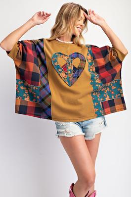 PRINT MIX HEART PEACE PATCH TERRY KNIT TOP