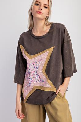 STAR PATCH MINERAL WASHED COTTON JERSEY TOP