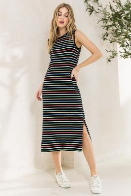 Multi Stripe Printed Soft Knit Jersey Midi Dress