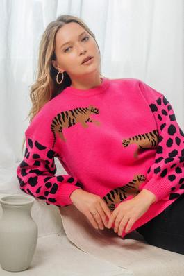Plus Tiger Jacquard Oversized Long Sleeve Sweater