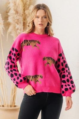 Tiger Jacquard Oversized Long Sleeve Sweater
