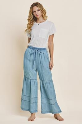 Plus Washed Denim Tiered Wide Leg Pants