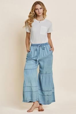Washed Denim Tiered Wide Leg Pants