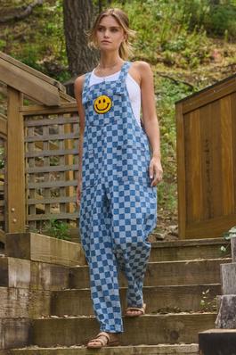 Plus Smile Patch Checkered Denim Overall