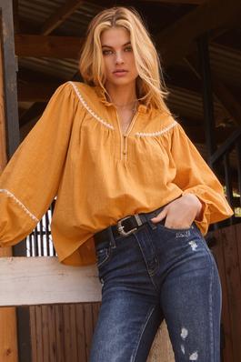 Embroidery Ruffle Neckline Blouse