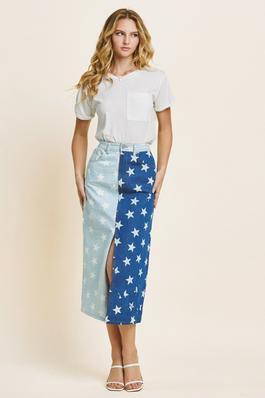 Plus Star Printed Denim Midi Skirt