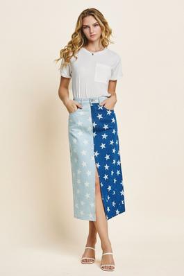 Star Printed Denim Midi Skirt