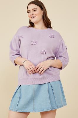 Plus Hand Knit Floral Patch Sweater Top