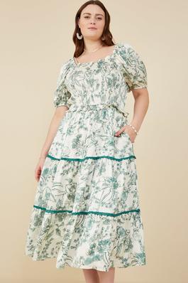 Plus Botanical Print Lace Trimmed Satin Dress