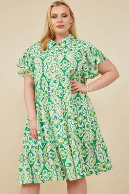 Plus Abstract Print Collared Ruffle Sleeve Dress
