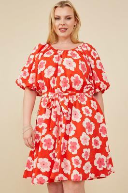 Plus Bold Floral Puff Sleeve Belted Dress	